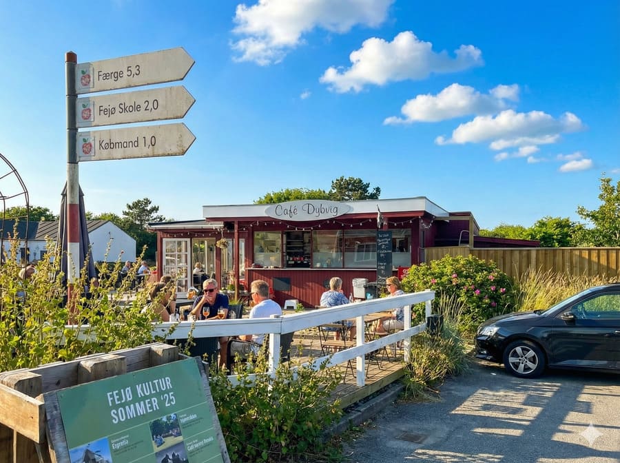 Café Dybvig am malerischen Dybvig Havn auf Fejø – lokale Spezialitäten und Frühstück mit Hafenblick von Juni bis August