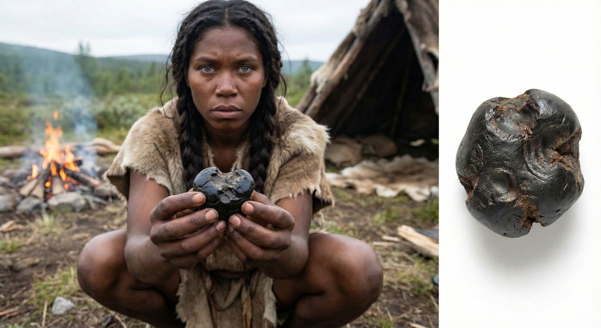 Steinzeitmädchen Lola kaut auf einem Stück Birkenpech – dem prähistorischen Kaugummi, der ihre DNA über 5.700 Jahre konservierte