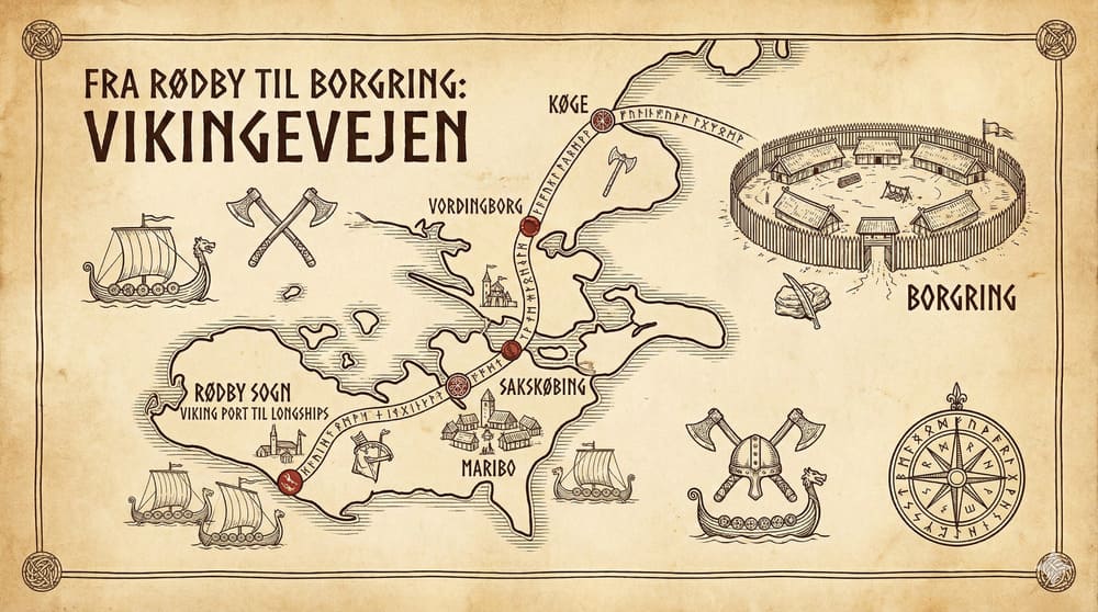 Übersichtskarte mit der Route von Rødby nach Borgring – 80 km durch die malerische Landschaft von Sjælland