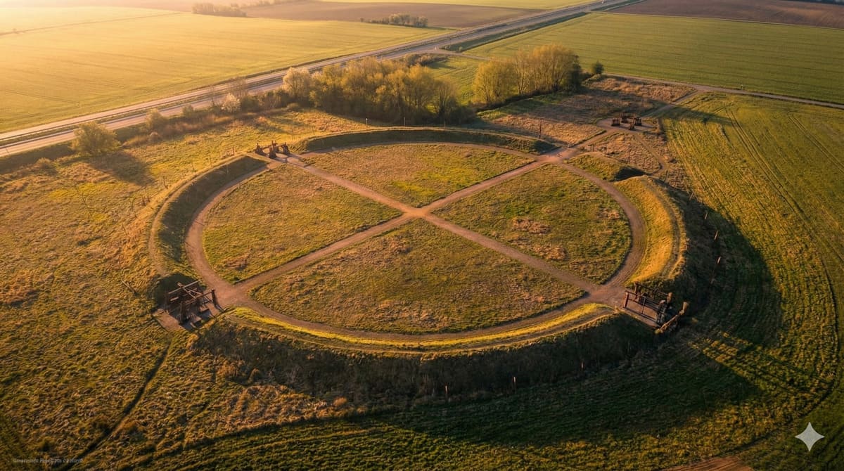 Luftaufnahme der kreisrunden Borgring-Wikingerburg mit den charakteristischen Cortenstahl-Markierungen, die die ehemalige Wallanlage nachzeichnen
