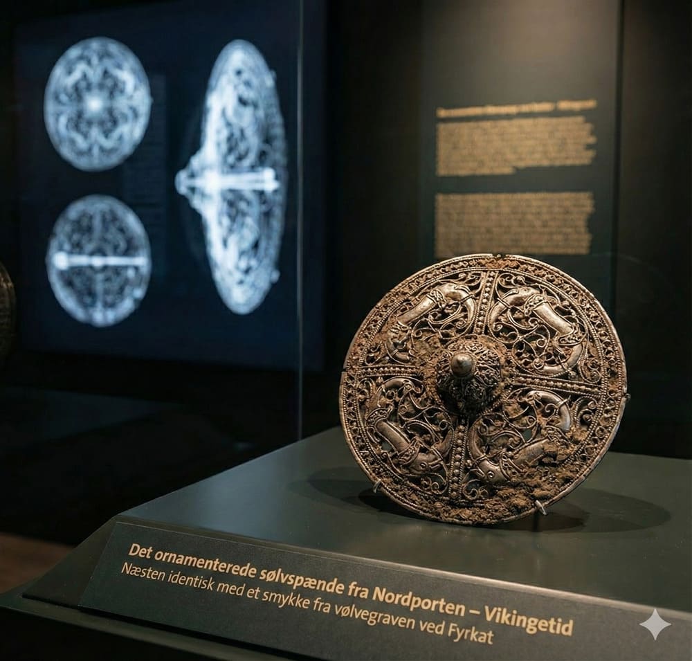 Das ornamentierte Silberspänne vom Nordtor der Borgring-Wikingerburg, nahezu identisch mit einem Schmuckstück aus dem Völvengrab von Fyrkat