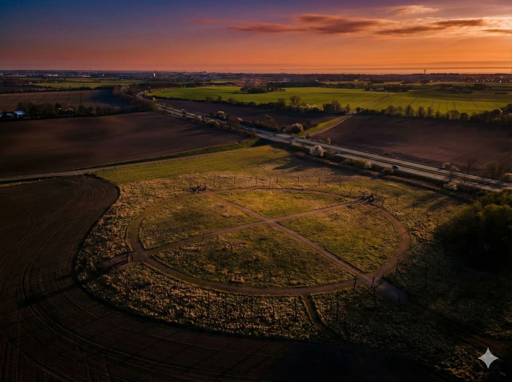 Stimmungsvoller Sonnenuntergang über der Borgring-Wikingerburg mit den Cortenstahl-Markierungen im goldenen Licht