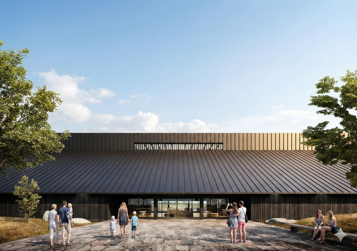 Das neue Borgring Welcome Center mit der charakteristischen Yakisugi-Fassade aus schwarz verbranntem Holz – dieselbe Konservierungstechnik wie die Wikinger nutzten