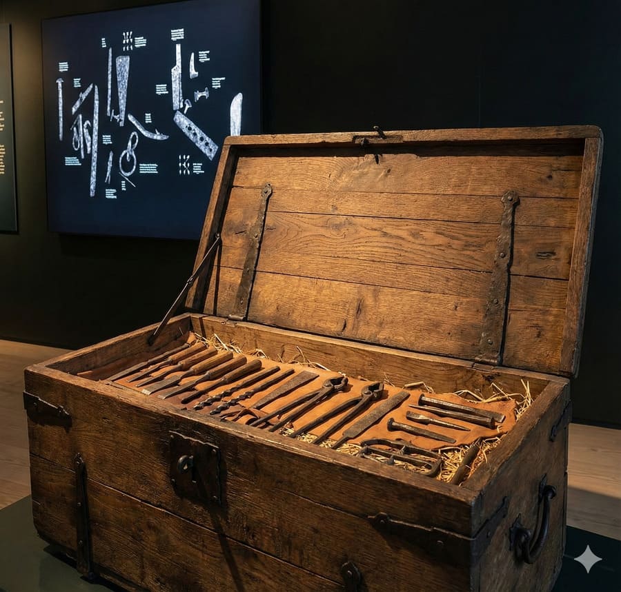 Die sensationelle Werkzeugkiste vom Osttor der Borgring-Wikingerburg mit mehreren Eisenwerkzeugen aus der Wikingerzeit
