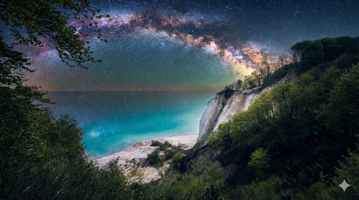 Milchstraße über der Ostsee im Dark Sky Park Møn - Sternenhimmel spiegelt sich im dunklen Meer