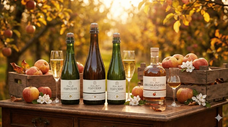 Die elegante Produktpalette von Fejø Cider – vom perlenden Demi-sec über den trockenen Brut bis zum aromatischen Æblebrændevin und Poiré