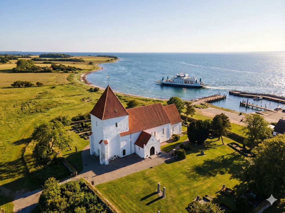 Die malerische Fejø Kirke aus dem Jahr 1240 direkt am Meer – romanisch-gotisches Kleinod mit weißgekalkten Mauern und pyramidenförmigem Turm