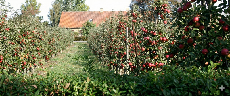 Weitläufige Apfelplantagen von Fejø Cider im Spätsommer – 18 Hektar biodynamisch bewirtschafteter Obstgärten mit über 20 französischen Cider-Apfelsorten auf der dänischen Insel Fejø