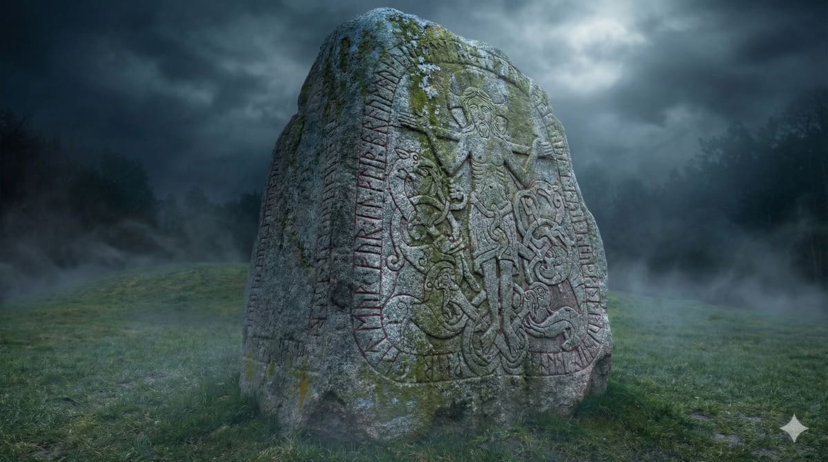 Der große Jelling-Stein mit der ältesten Christusdarstellung Skandinaviens - Dänemarks Taufschein aus der Zeit Harald Blauzahns