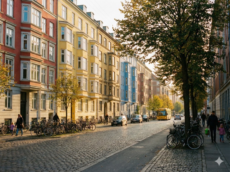 Typische Kopenhagener Straße im Østerbro Viertel mit Fahrrädern