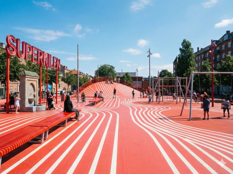 Superkilen Park mit rot-weißen Streifen in Nørrebro Kopenhagen