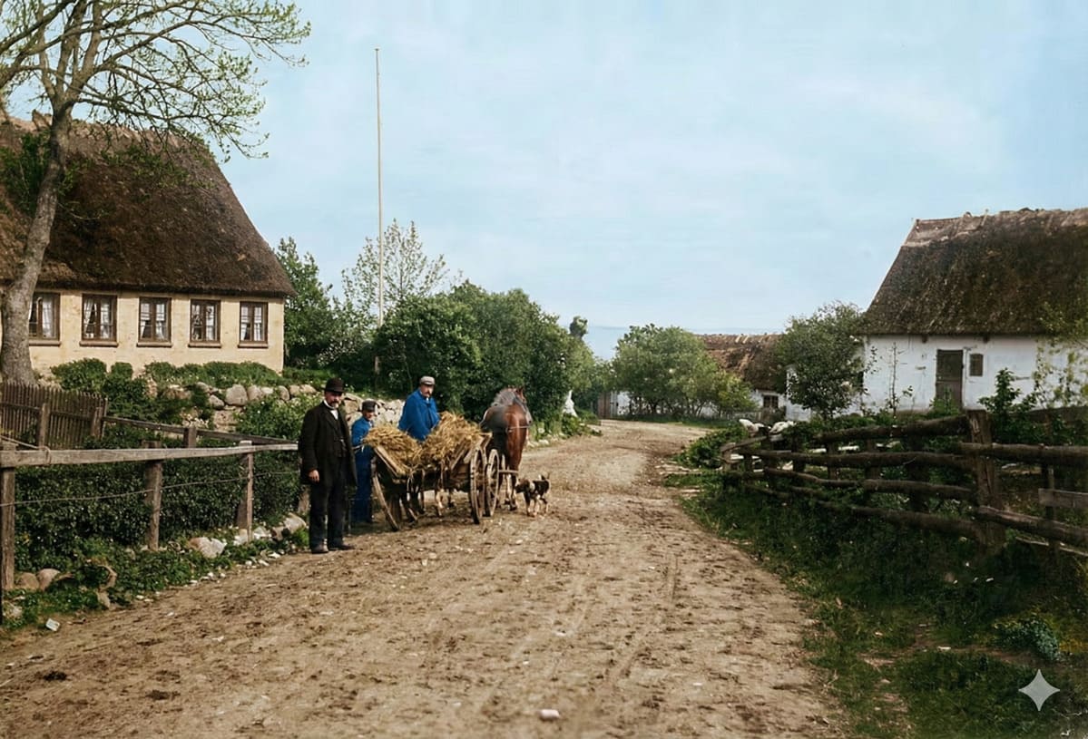 Historische Aufnahme des Dorfes Nyord um 1910 - reetgedeckte Häuser und die charakteristische achteckige Kirche