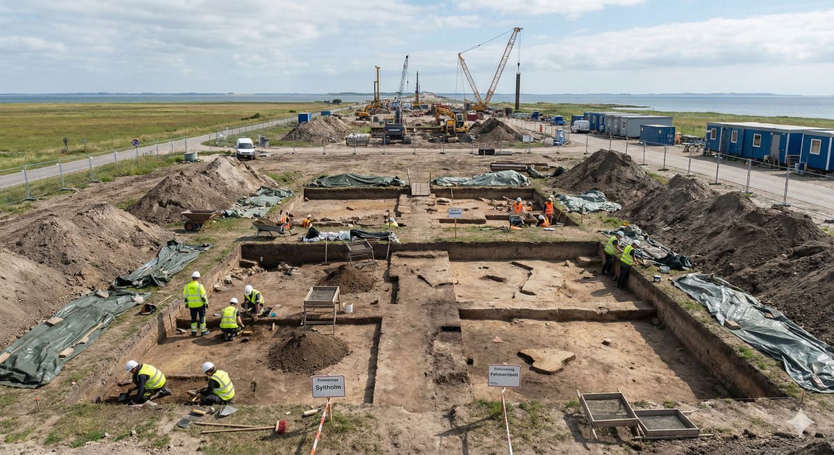 Archäologische Ausgrabungsstätte Syltholm bei Rødbyhavn auf Lolland – hier wurde das Birkenpech mit Lolas DNA gefunden, im Hintergrund die Fehmarnbelt-Tunnel-Baustelle